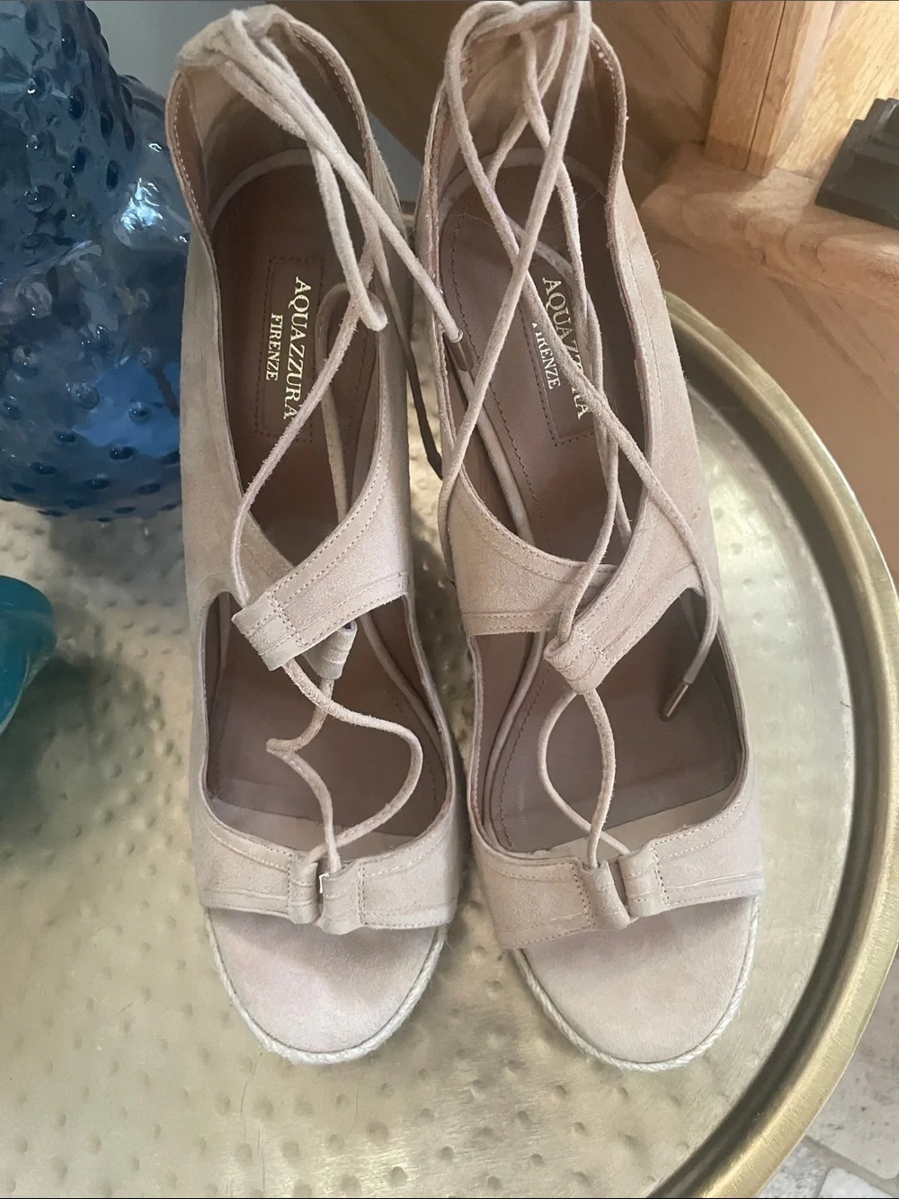 Aquazzura Nude Beige Lace-Up Espadrille Wedge Sandals Size 42 11